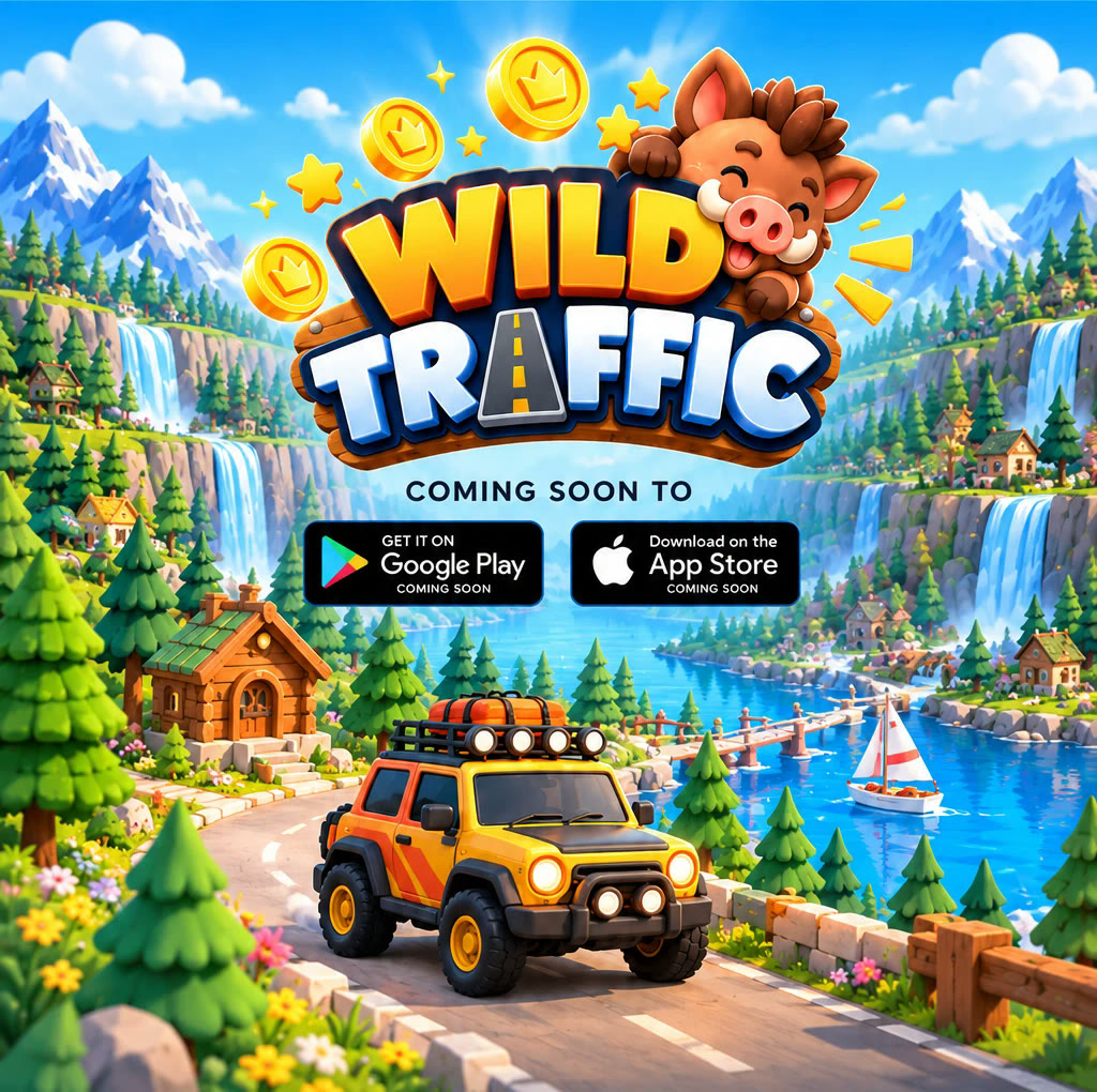 Wild Traffic logo with a cheerful boar and gold coins over a mountain valley, an orange jeep on the road. Coming soon to Google Play and the App Store.